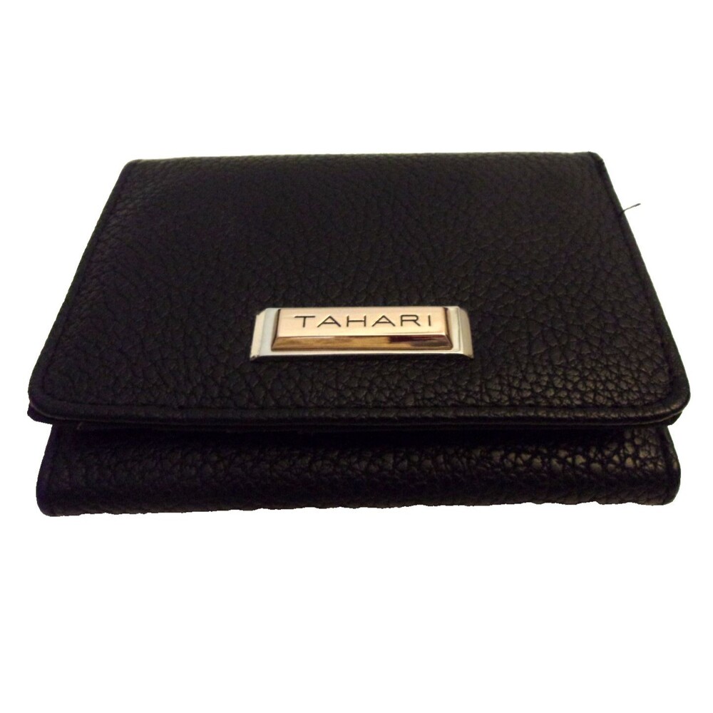 Tahari Pebbled Leather Three Fold Wallet Mirror Identity Protect Lining Black